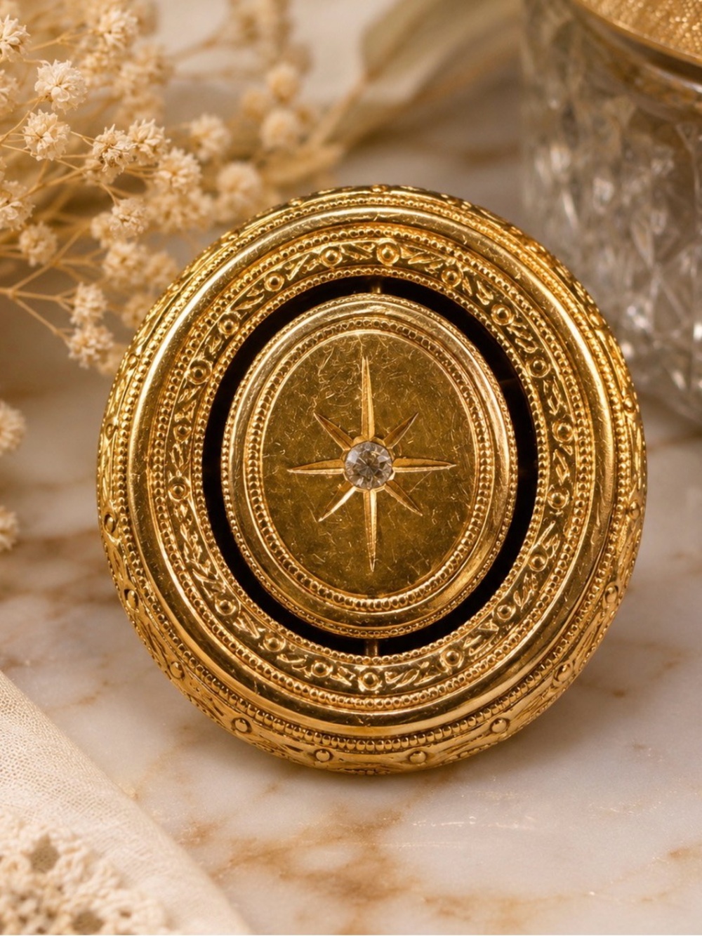 Avon 1970s Vintage EtruscanStyle Gold Round Spinning Brooch with Rhinestone